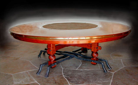 90 inch dia cherry, stone, iron, copper dining table